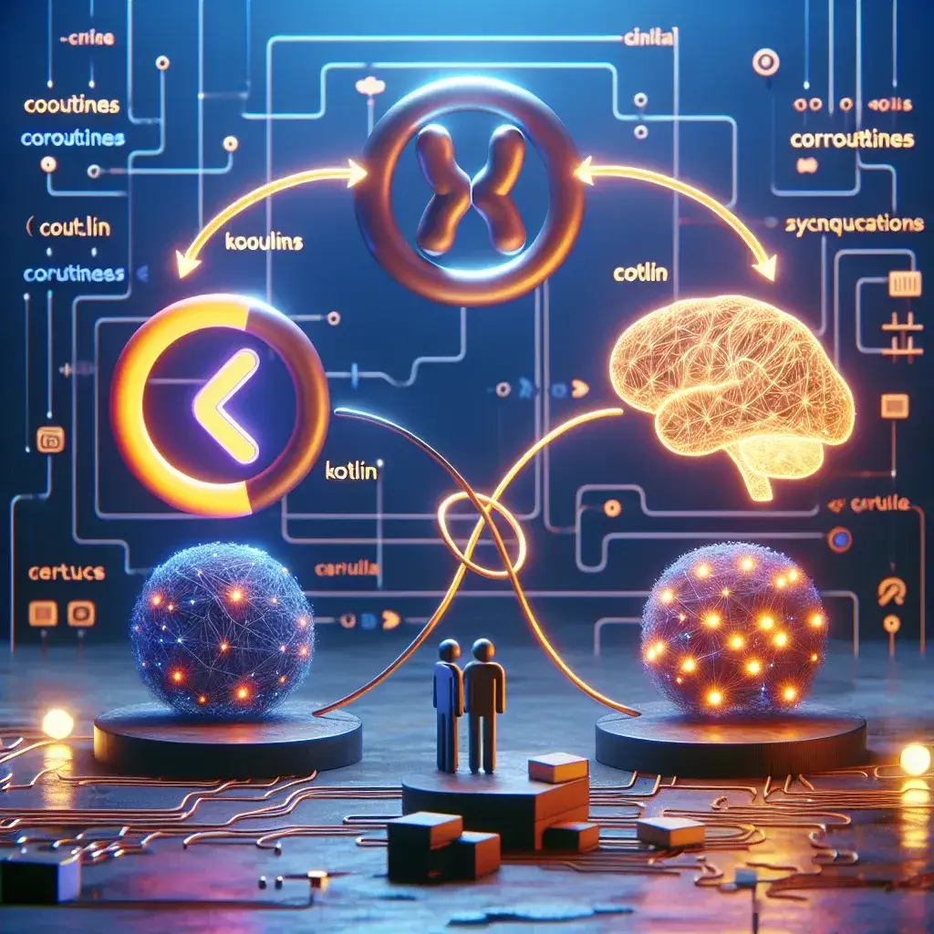 "プログラミング言語KotlinのコルーチンとAIを活用した非同期処理の概念を示すビジュアル"
