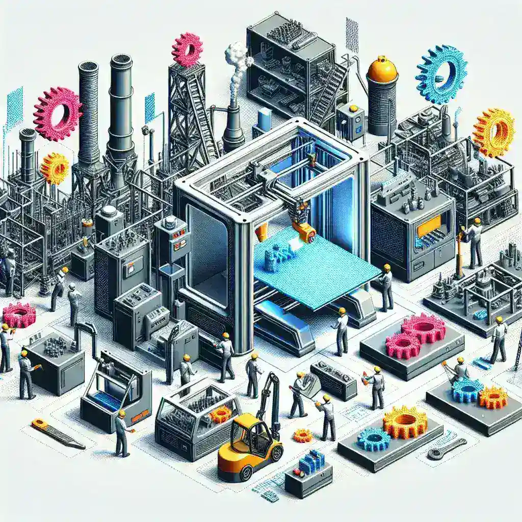 "3Dプリンティング技術が製造業に与える影響を示す画像、革新されたプロトタイプや部品が並ぶ工場の内部、その未来的な製造プロセスを強調。"
